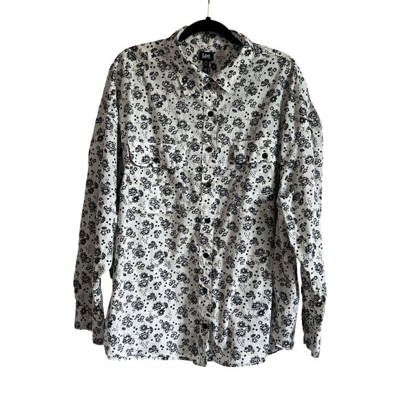 Lee Womens Floral Button-Up Long Sleeve Shirt XXL Cotton Black White Frontier - Picture 1 of 7